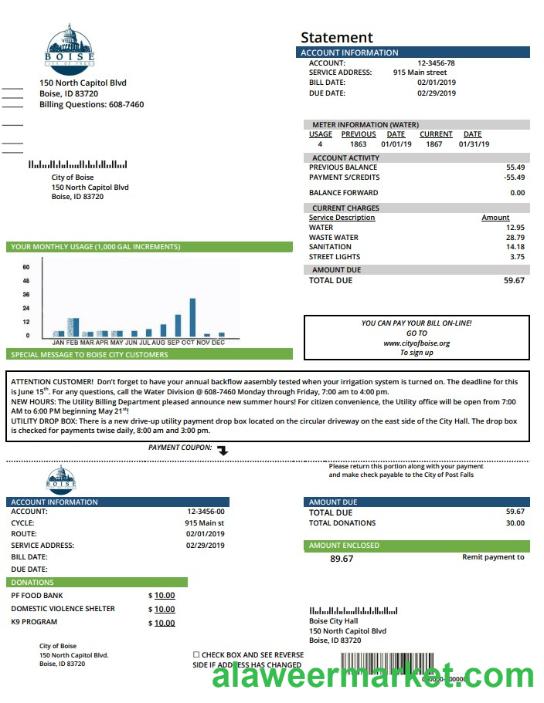 USA Idaho Boise City of Trees water utility bill template in Word and PDF format